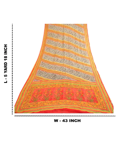 Sanskriti Vintage Ivory Sarees Pure Georgette Silk Printed Sari 5Yd Craft Fabric, PRG-4226-Ivory-Printed Floral Design-Pure Georgette Silk-3