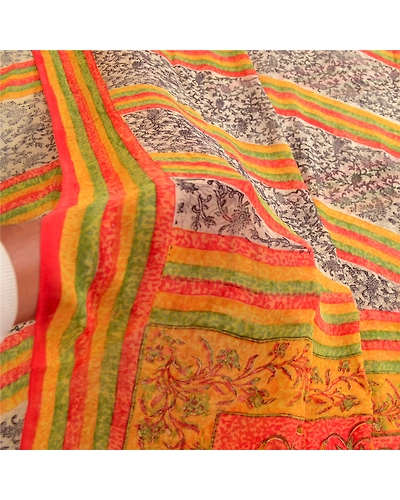 Sanskriti Vintage Ivory Sarees Pure Georgette Silk Printed Sari 5Yd Craft Fabric, PRG-4226-Ivory-Printed Floral Design-Pure Georgette Silk-4