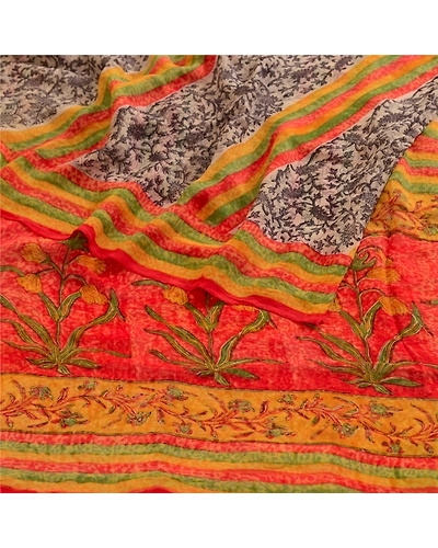 Sanskriti Vintage Ivory Sarees Pure Georgette Silk Printed Sari 5Yd Craft Fabric, PRG-4226-Ivory-Printed Floral Design-Pure Georgette Silk-7
