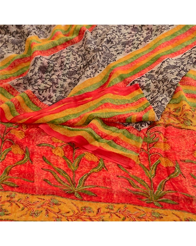 Sanskriti Vintage Ivory Sarees Pure Georgette Silk Printed Sari 5Yd Craft Fabric, PRG-4226-Ivory-Printed Floral Design-Pure Georgette Silk-9