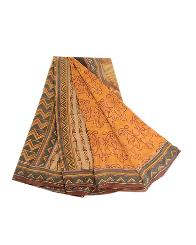 Sanskriti Vintage Sarees Yellow Sewing Fabric Pure Georgette Silk Printed Sari, PRG-4286-Yellow-Printed Floral Design-Pure Georgette Silk-2