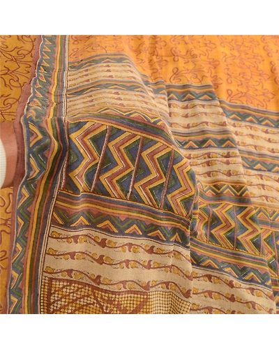 Sanskriti Vintage Sarees Yellow Sewing Fabric Pure Georgette Silk Printed Sari, PRG-4286-Yellow-Printed Floral Design-Pure Georgette Silk-4