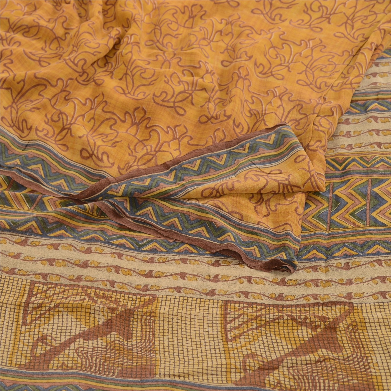 Sanskriti Vintage Sarees Yellow Sewing Fabric Pure Georgette Silk Printed Sari, PRG-4286-Yellow-Printed Floral Design-Pure Georgette Silk-9