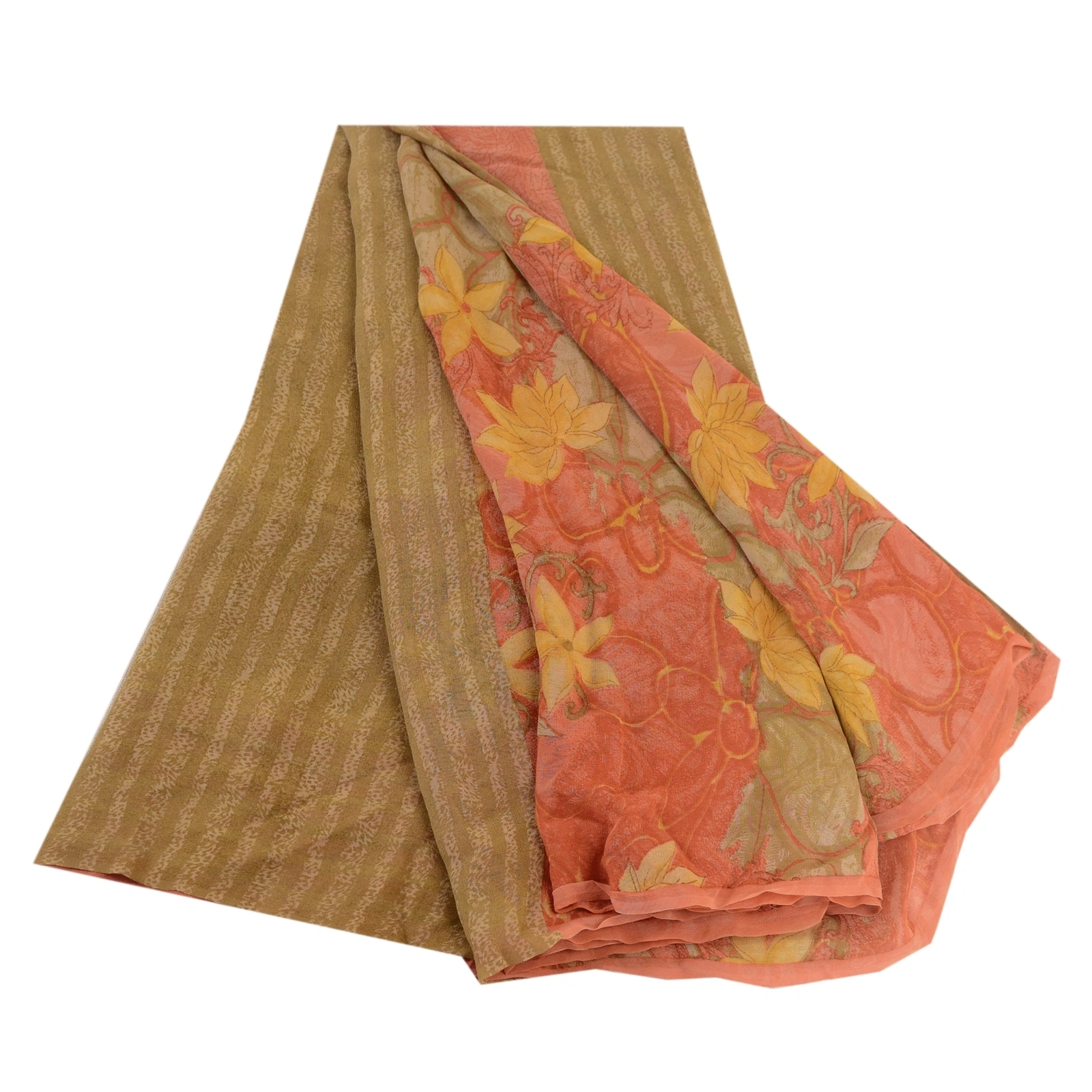 Sanskriti Vintage Peach Sarees Pure Georgette Silk Printed Sari 5Yd Craft Fabric, PRG-4290-Peach-Printed Floral Design-Pure Georgette Silk-2