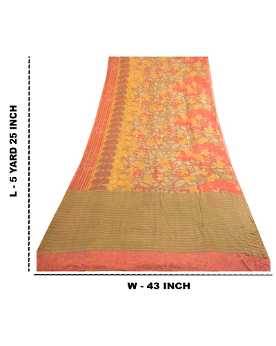 Sanskriti Vintage Peach Sarees Pure Georgette Silk Printed Sari 5Yd Craft Fabric, PRG-4290-Peach-Printed Floral Design-Pure Georgette Silk-4