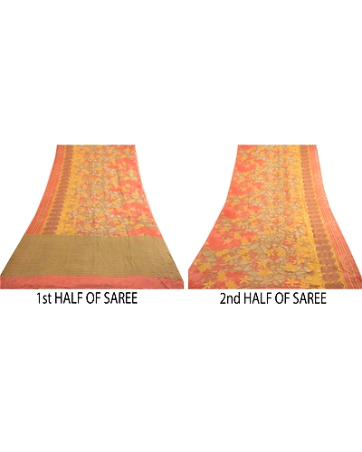 Sanskriti Vintage Peach Sarees Pure Georgette Silk Printed Sari 5Yd Craft Fabric, PRG-4290-Peach-Printed Floral Design-Pure Georgette Silk-6