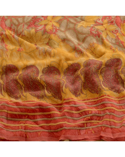 Sanskriti Vintage Peach Sarees Pure Georgette Silk Printed Sari 5Yd Craft Fabric, PRG-4290-Peach-Printed Floral Design-Pure Georgette Silk-7