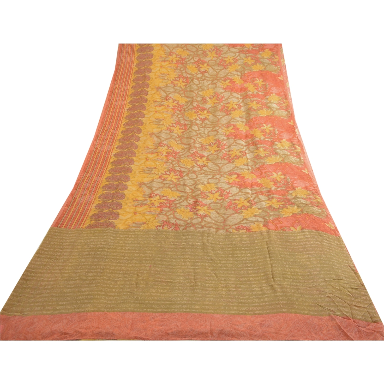 Sanskriti Vintage Peach Sarees Pure Georgette Silk Printed Sari 5Yd Craft Fabric, PRG-4290-Peach-Printed Floral Design-Pure Georgette Silk-9