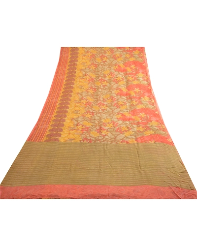 Sanskriti Vintage Peach Sarees Pure Georgette Silk Printed Sari 5Yd Craft Fabric, PRG-4290-Peach-Printed Floral Design-Pure Georgette Silk-9