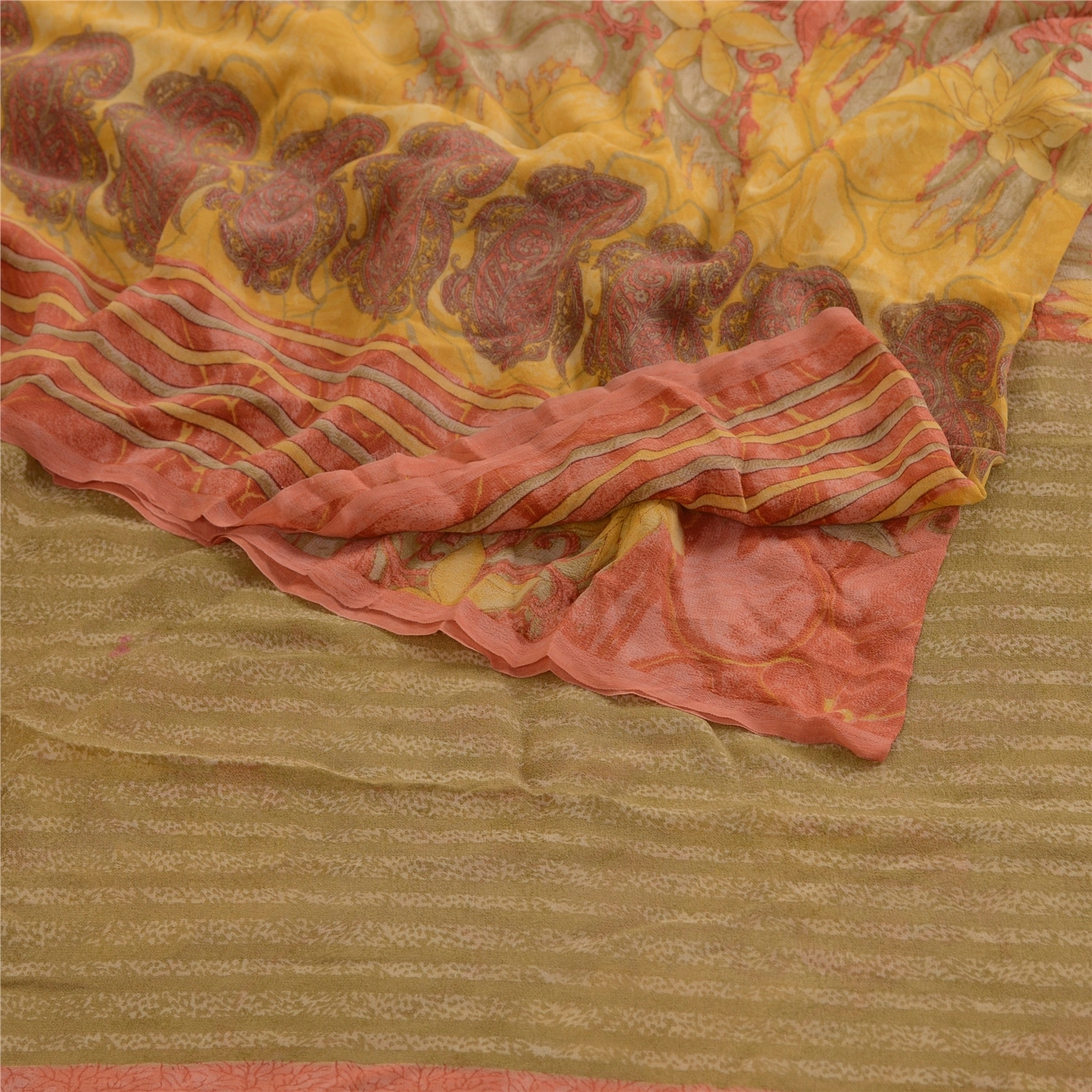 Sanskriti Vintage Peach Sarees Pure Georgette Silk Printed Sari 5Yd Craft Fabric, PRG-4290-Peach-Printed Floral Design-Pure Georgette Silk-10