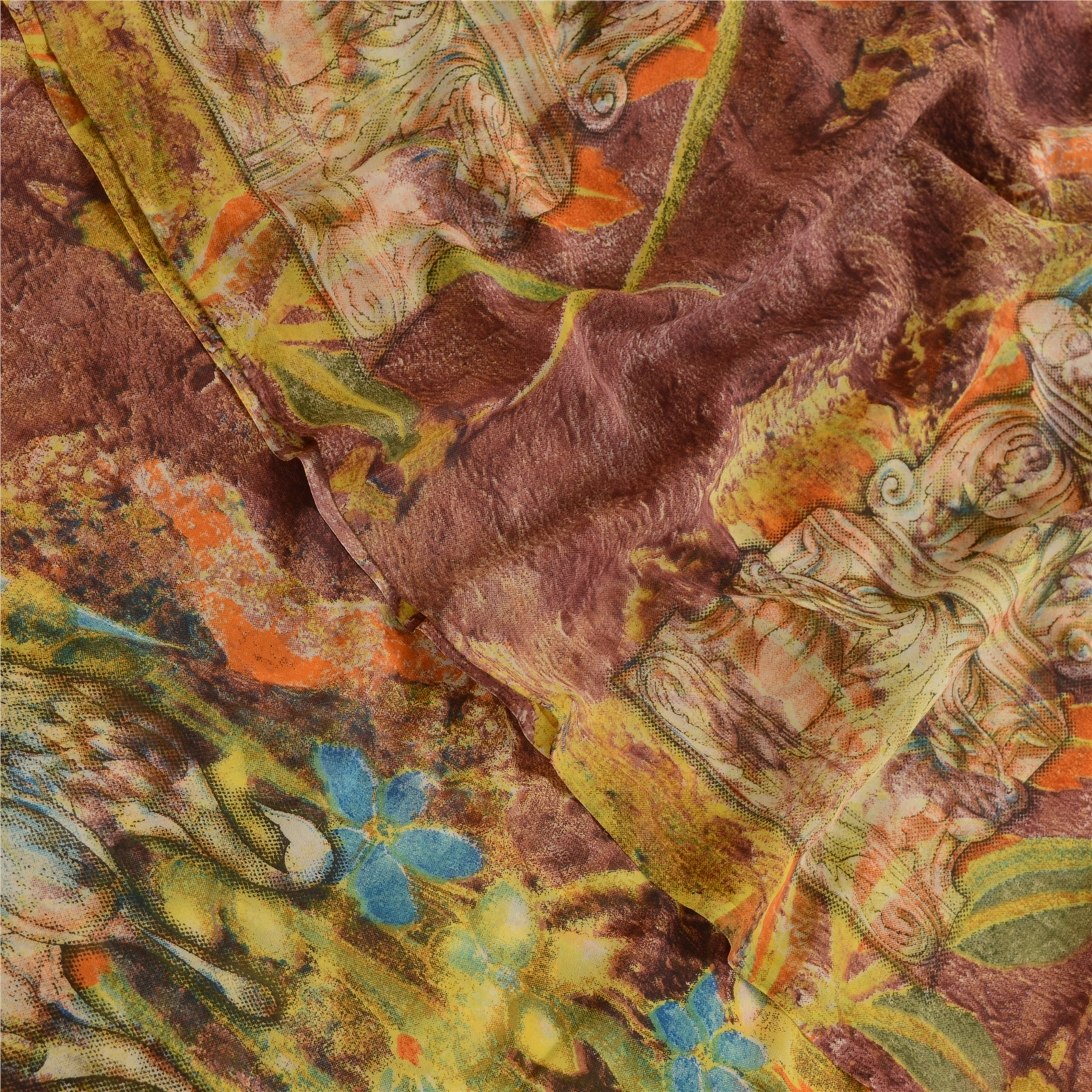 Sanskriti Vintage Indian Sari Multi Printed Georgette Sarees Craft 5 Yard Fabric, PRG-4305-Multi-Printed Floral Design-Poly Georgette-1