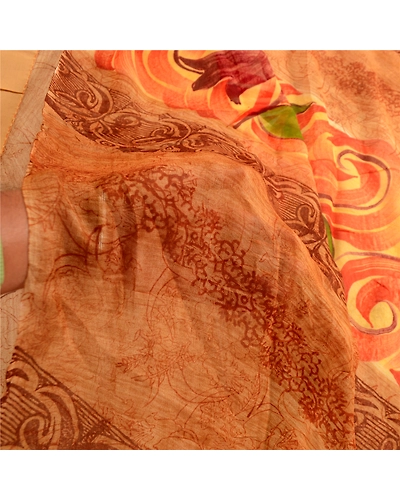 Sanskriti Vintage Brown Sari Pure Georgette Silk Printed Sarees Craft Fabric, PRG-4307-Brown-Printed Floral Design-Pure Georgette Silk-4