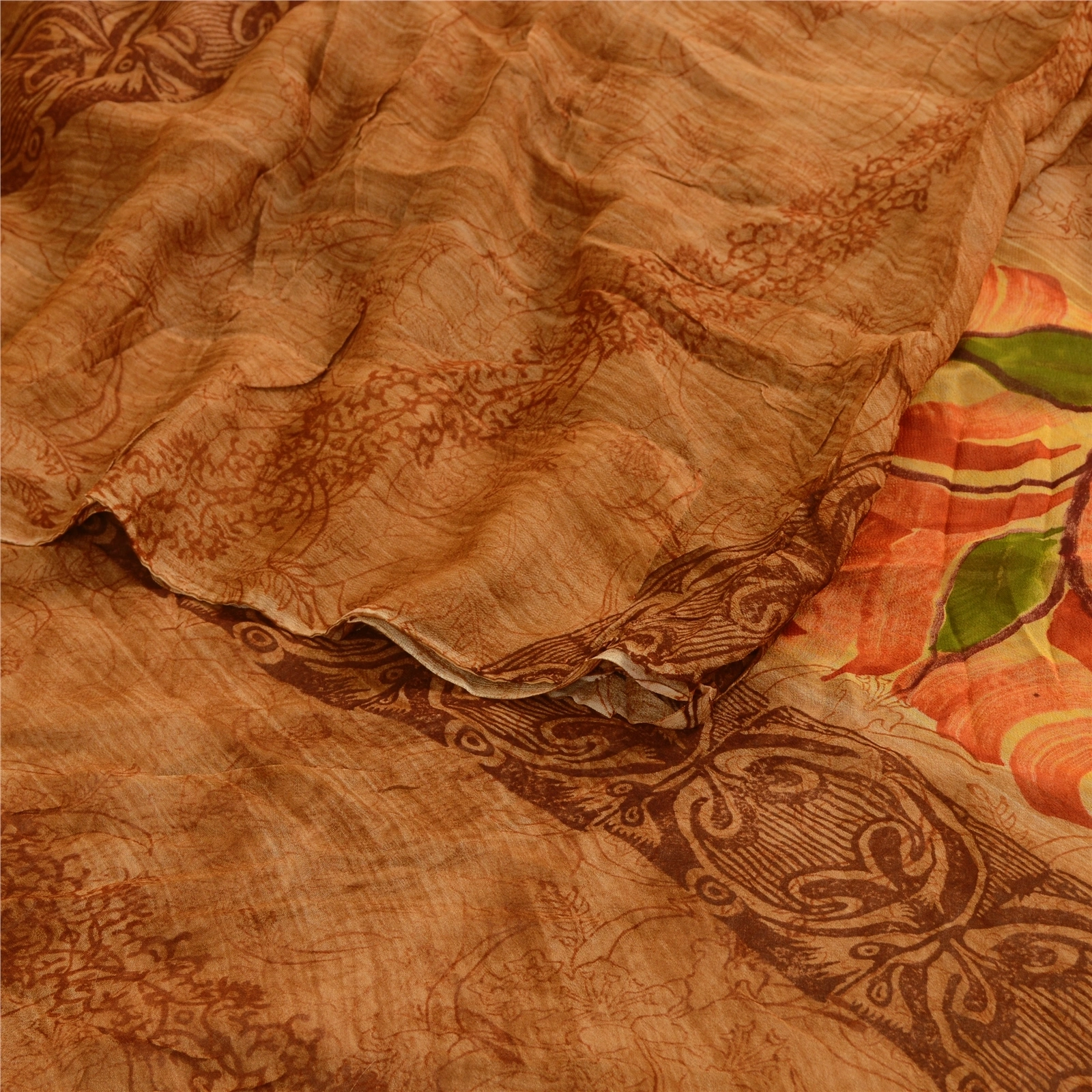 Sanskriti Vintage Brown Sari Pure Georgette Silk Printed Sarees Craft Fabric, PRG-4307-Brown-Printed Floral Design-Pure Georgette Silk-7