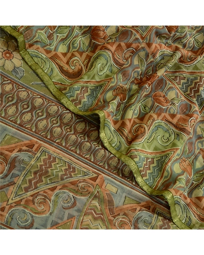 Sanskriti Vintage Multi Sarees Zari Border Printed Chiffon Sari Craft Fabric, PRG-4471-Multi-Printed Floral Design-Poly Chiffon-1