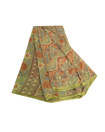 Sanskriti Vintage Multi Sarees Zari Border Printed Chiffon Sari Craft Fabric, PRG-4471-Multi-Printed Floral Design-Poly Chiffon-2