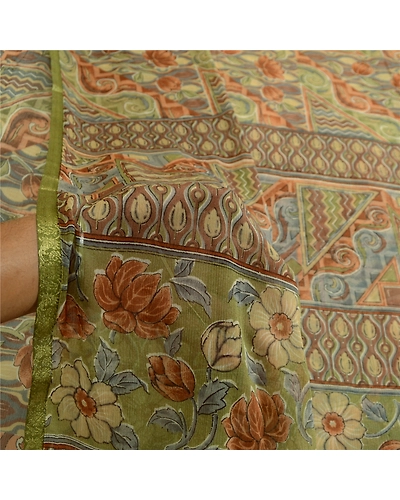 Sanskriti Vintage Multi Sarees Zari Border Printed Chiffon Sari Craft Fabric, PRG-4471-Multi-Printed Floral Design-Poly Chiffon-4