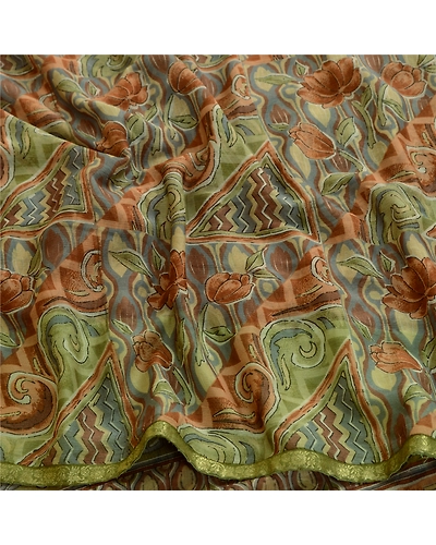 Sanskriti Vintage Multi Sarees Zari Border Printed Chiffon Sari Craft Fabric, PRG-4471-Multi-Printed Floral Design-Poly Chiffon-6