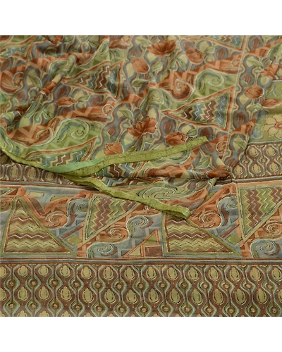 Sanskriti Vintage Multi Sarees Zari Border Printed Chiffon Sari Craft Fabric, PRG-4471-Multi-Printed Floral Design-Poly Chiffon-9