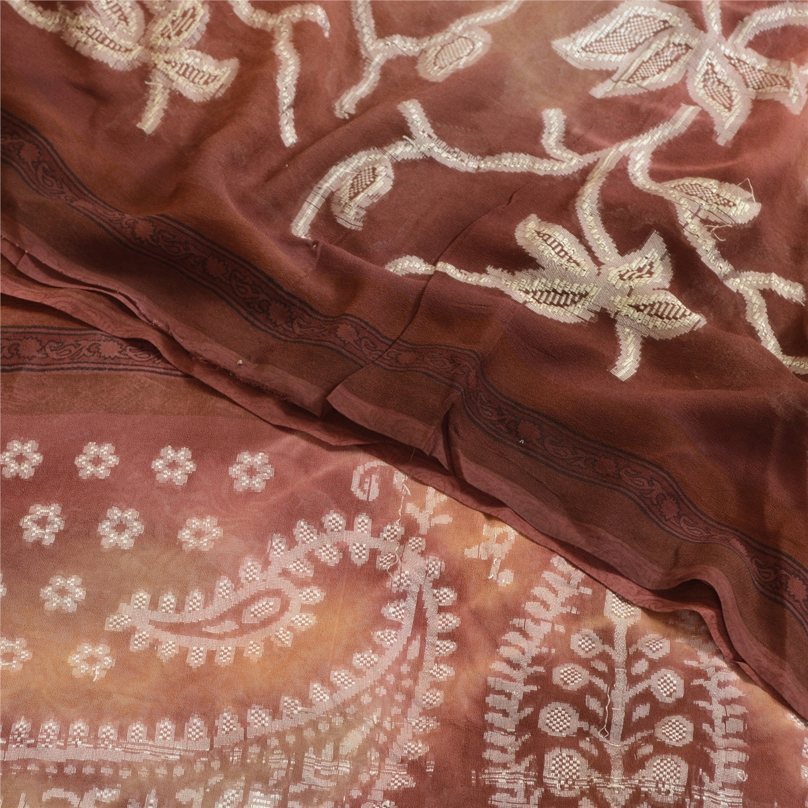 Sanskriti Vintage Sarees Brown 100% Pure Georgette Silk Woven Sari Craft Fabric, PRG-4490-Multi-Printed Paisley Design-Pure Georgette Silk-1