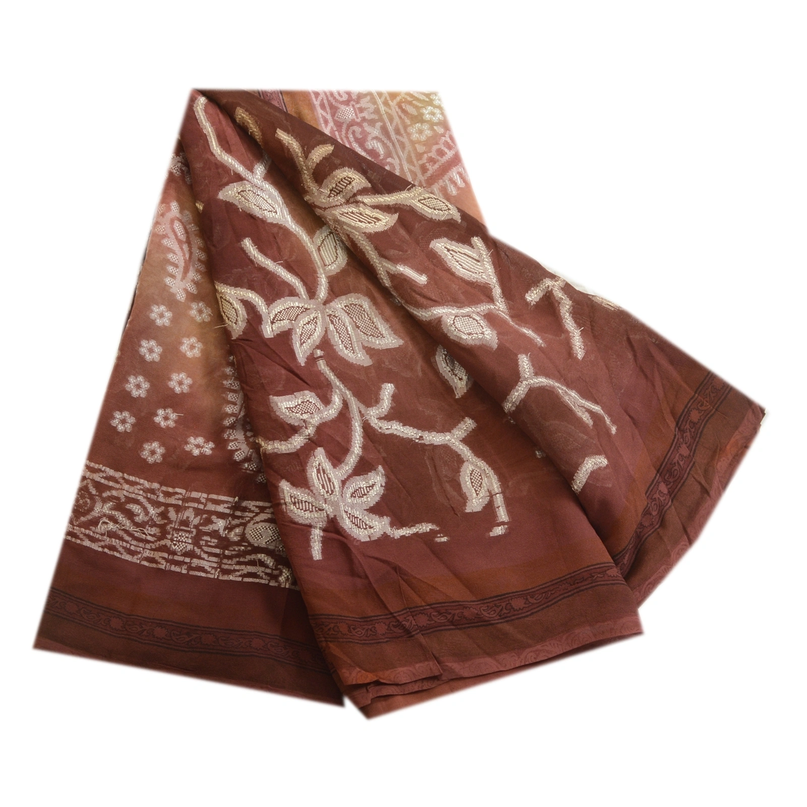 Sanskriti Vintage Sarees Brown 100% Pure Georgette Silk Woven Sari Craft Fabric, PRG-4490-Multi-Printed Paisley Design-Pure Georgette Silk-2