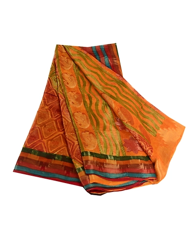 Sanskriti Vintage Indian Saffron Sarees Print Blend Georgette Sari Craft Fabric, PRG-4516-Saffron-Printed Floral Design-Blend Georgette-2