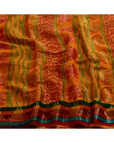 Sanskriti Vintage Indian Saffron Sarees Print Blend Georgette Sari Craft Fabric, PRG-4516-Saffron-Printed Floral Design-Blend Georgette-6