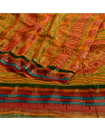 Sanskriti Vintage Indian Saffron Sarees Print Blend Georgette Sari Craft Fabric, PRG-4516-Saffron-Printed Floral Design-Blend Georgette-7