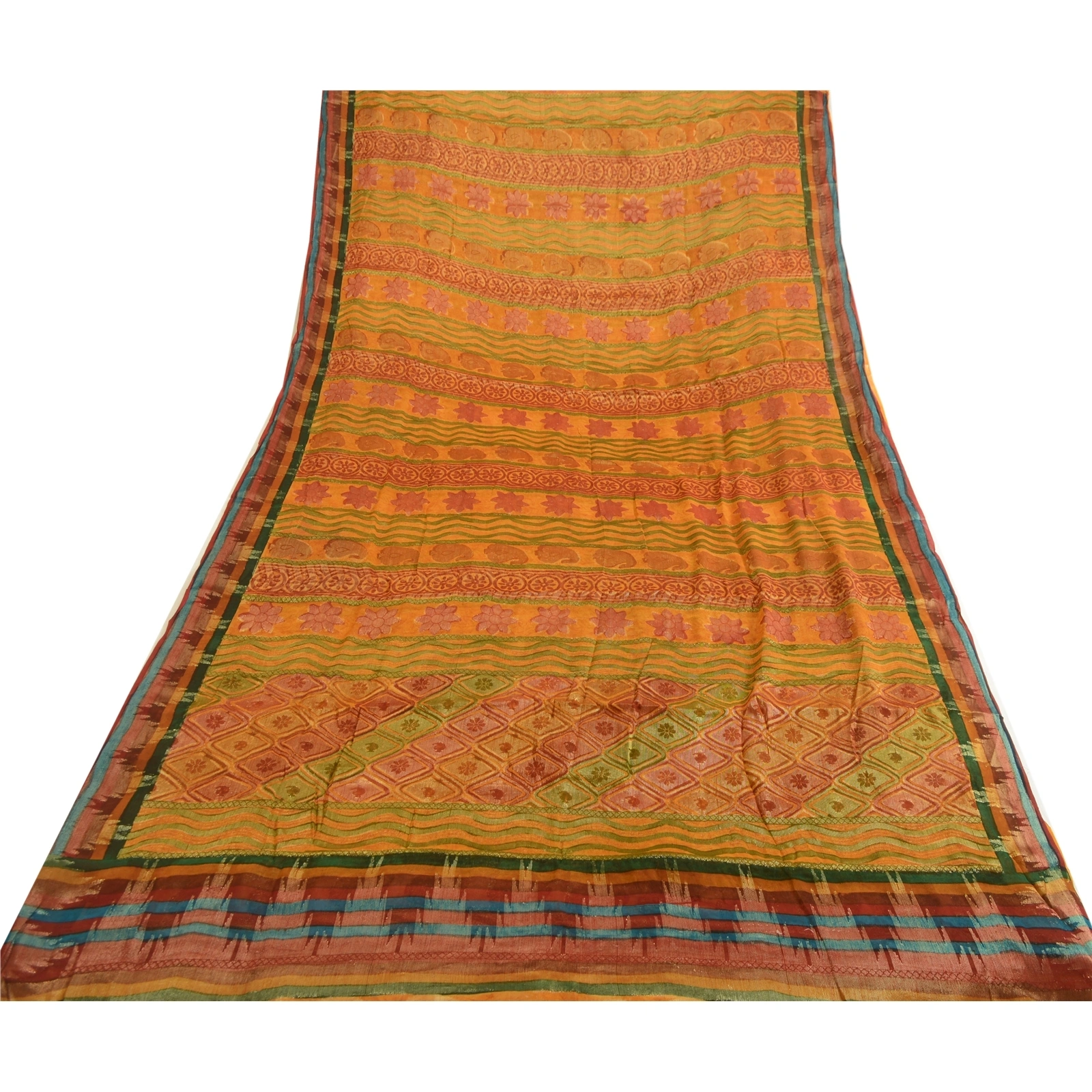 Sanskriti Vintage Indian Saffron Sarees Print Blend Georgette Sari Craft Fabric, PRG-4516-Saffron-Printed Floral Design-Blend Georgette-8