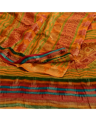 Sanskriti Vintage Indian Saffron Sarees Print Blend Georgette Sari Craft Fabric, PRG-4516-Saffron-Printed Floral Design-Blend Georgette-9
