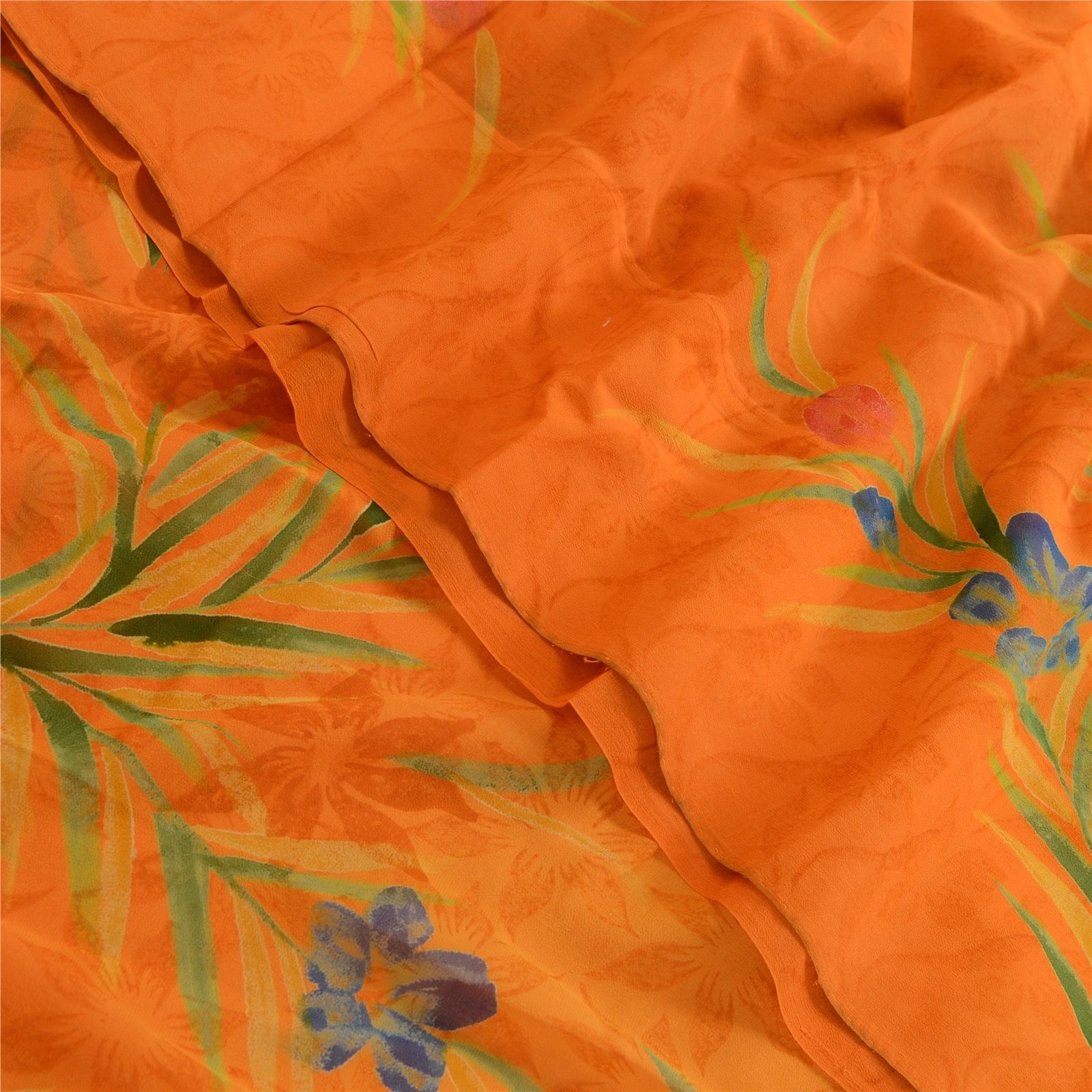 Sanskriti Vintage Orange Sarees Pure Georgette Silk Printed Sari Craft Fabric, PRG-4548-Orange-Printed Floral Design-Pure Georgette Silk-1