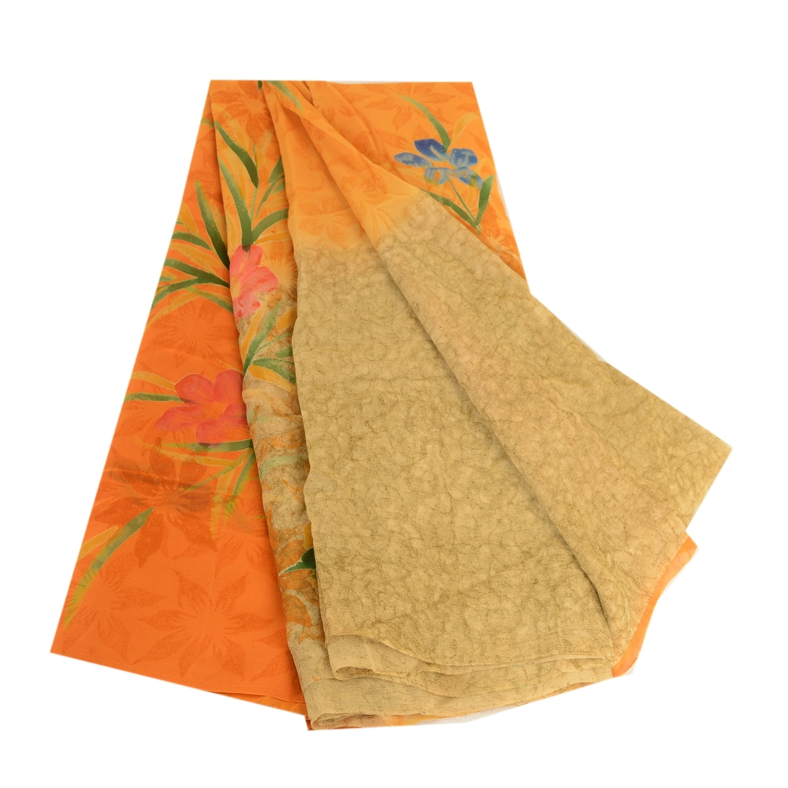 Sanskriti Vintage Orange Sarees Pure Georgette Silk Printed Sari Craft Fabric, PRG-4548-Orange-Printed Floral Design-Pure Georgette Silk-2