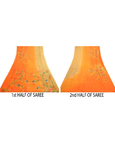 Sanskriti Vintage Orange Sarees Pure Georgette Silk Printed Sari Craft Fabric, PRG-4548-Orange-Printed Floral Design-Pure Georgette Silk-5