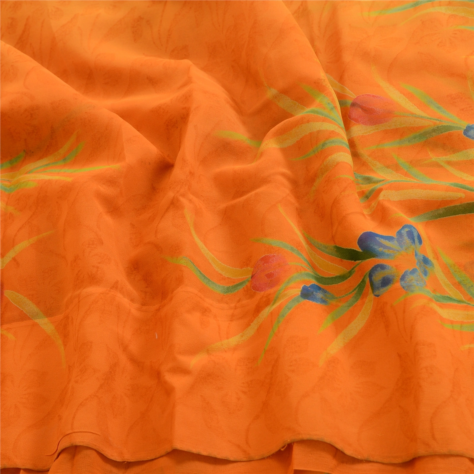 Sanskriti Vintage Orange Sarees Pure Georgette Silk Printed Sari Craft Fabric, PRG-4548-Orange-Printed Floral Design-Pure Georgette Silk-6