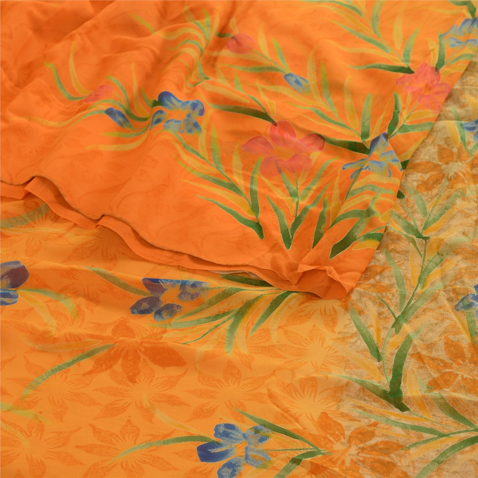 Sanskriti Vintage Orange Sarees Pure Georgette Silk Printed Sari Craft Fabric, PRG-4548-Orange-Printed Floral Design-Pure Georgette Silk-7