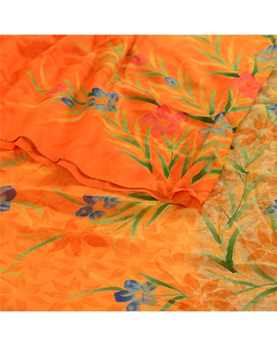 Sanskriti Vintage Orange Sarees Pure Georgette Silk Printed Sari Craft Fabric, PRG-4548-Orange-Printed Floral Design-Pure Georgette Silk-7