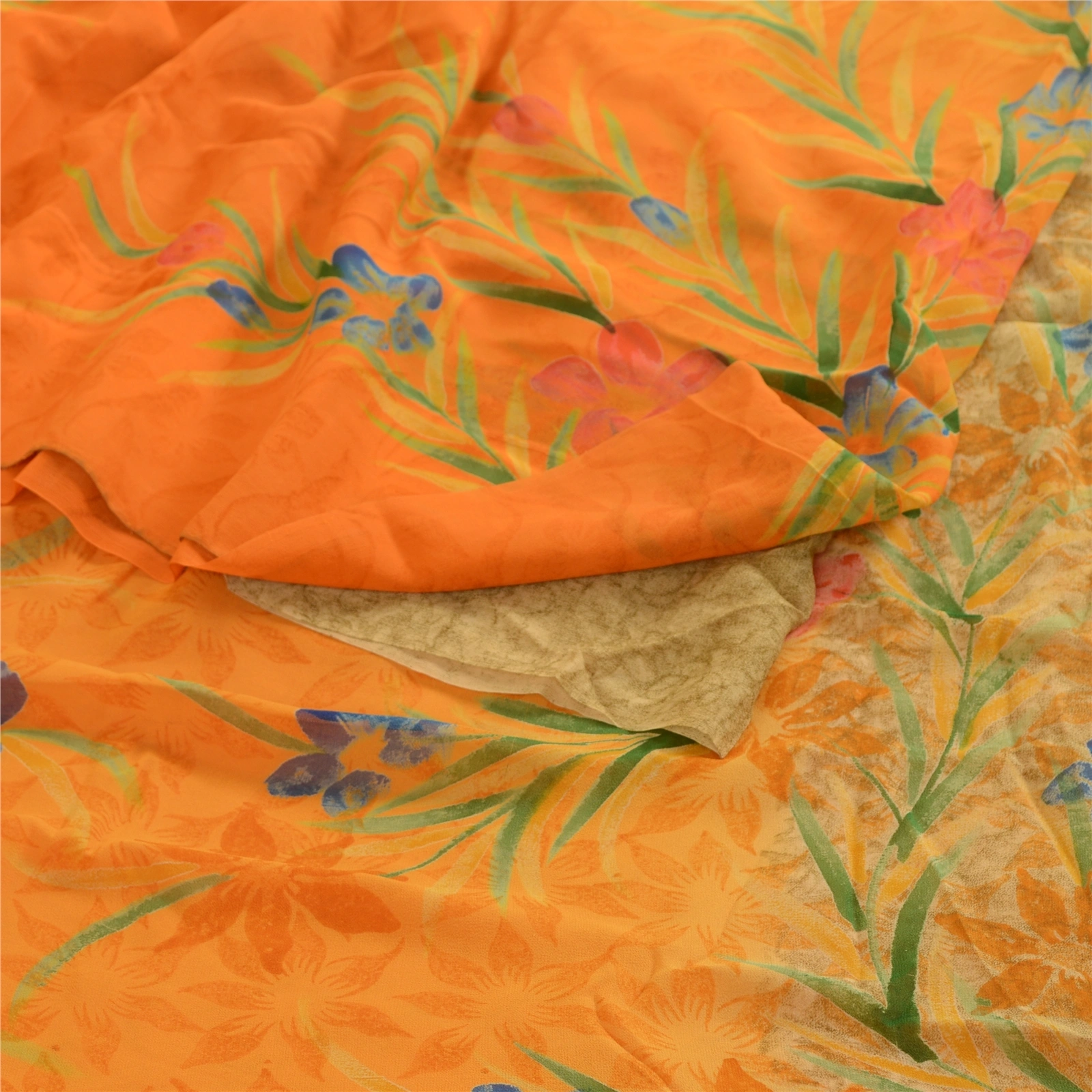 Sanskriti Vintage Orange Sarees Pure Georgette Silk Printed Sari Craft Fabric, PRG-4548-Orange-Printed Floral Design-Pure Georgette Silk-9