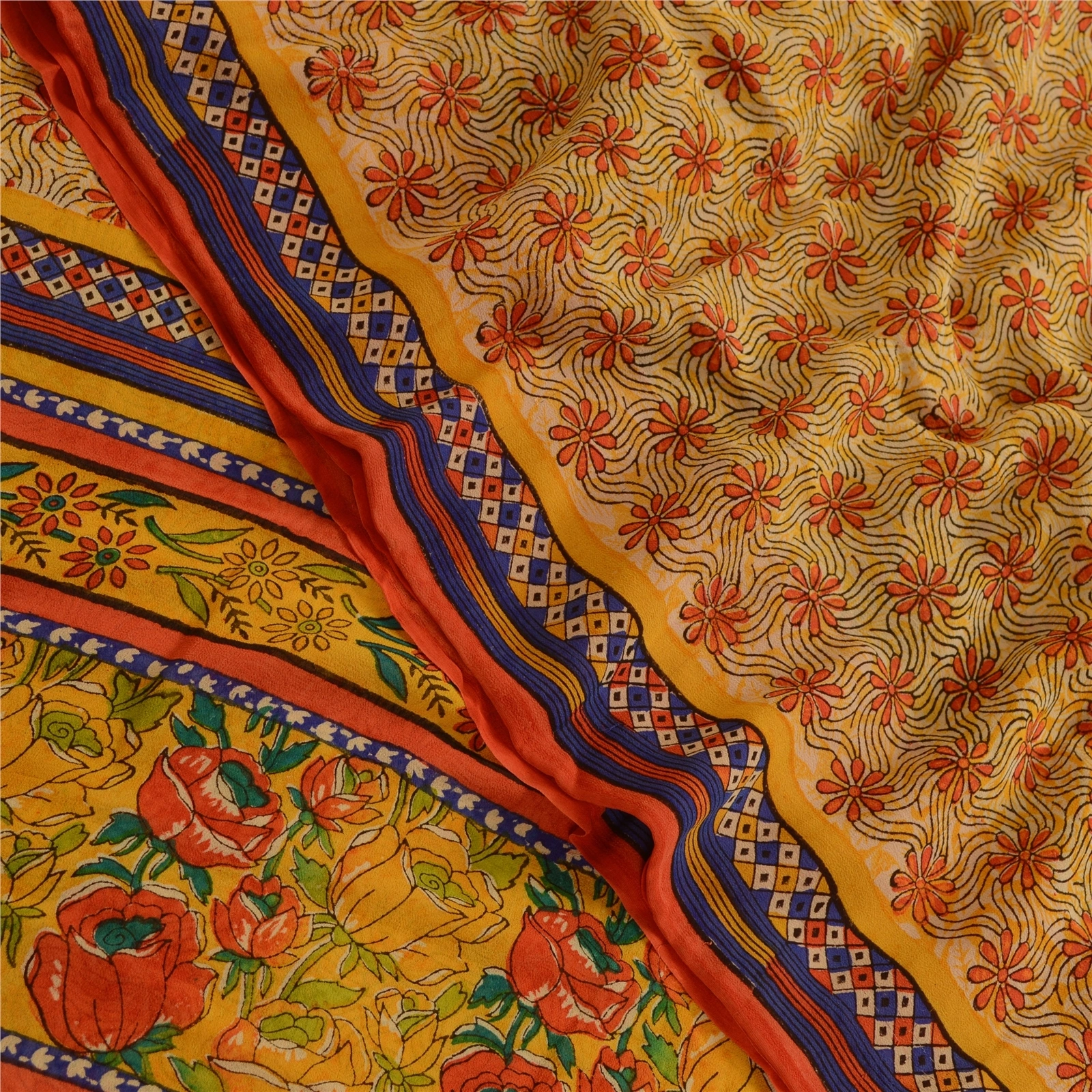 Sanskriti Vintage Sarees Yellow Pure Georgette Silk Printed Sari Craft Fabric, PRG-4564-Yellow-Printed Floral Design-Pure Georgette Silk-1