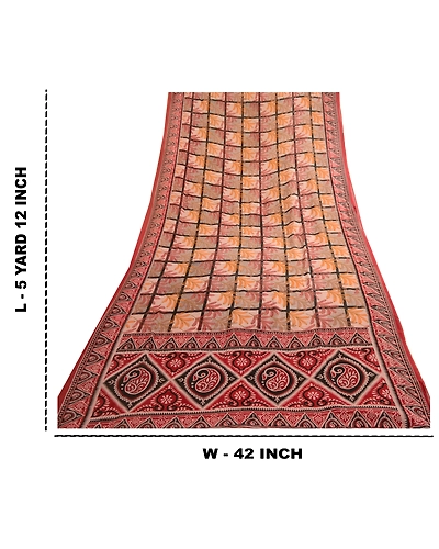 Sanskriti Vintage Dark Red Sarees Pure Georgette Silk Printed Sari Craft Fabric, PRG-4591-Dark Red-Printed Floral Design-Pure Georgette Silk-3