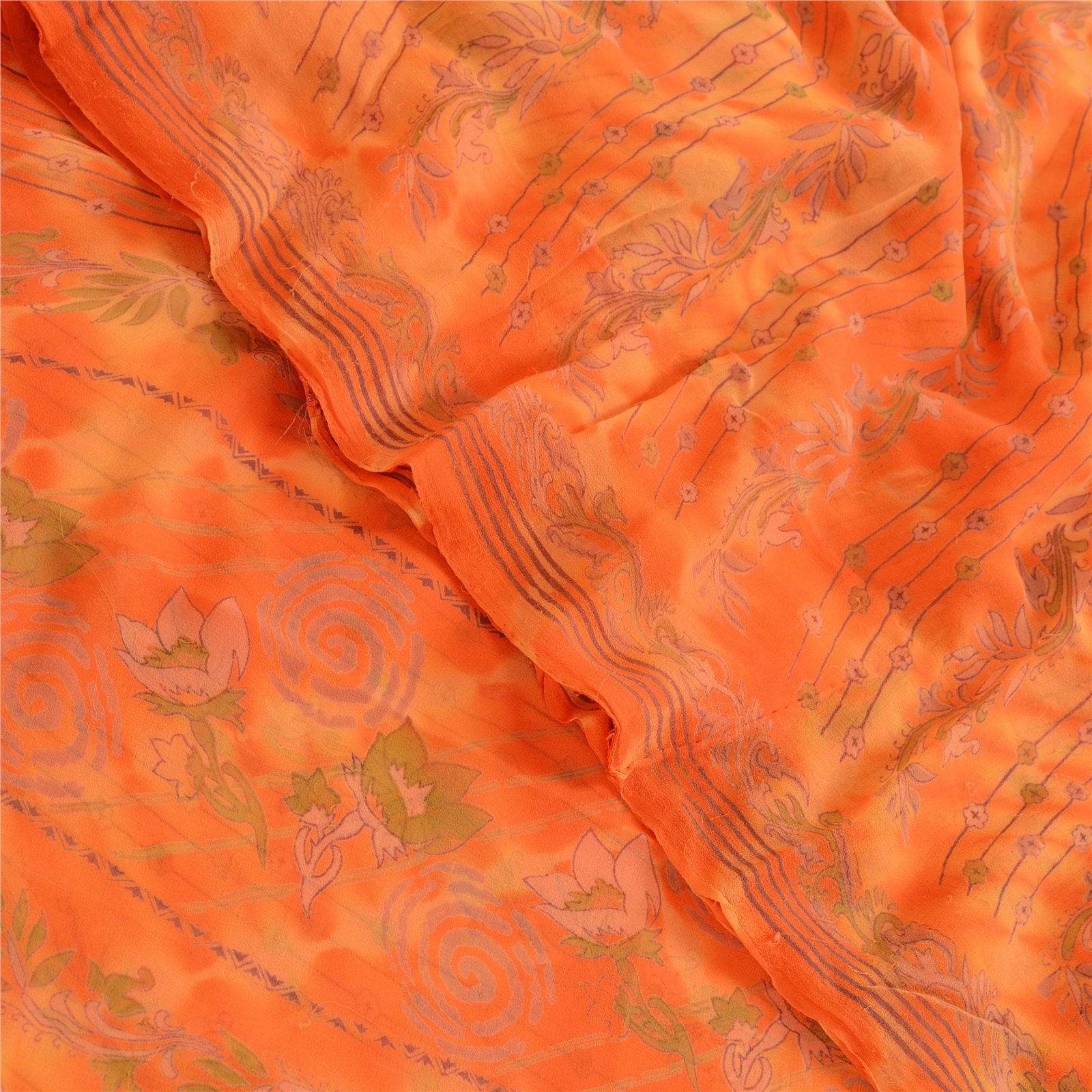 Sanskriti Vintage Leheria Sarees Pure Georgette Silk Printed Sari Craft Fabric, PRG-4650-Orange-Printed Floral Design-Pure Georgette Silk-1