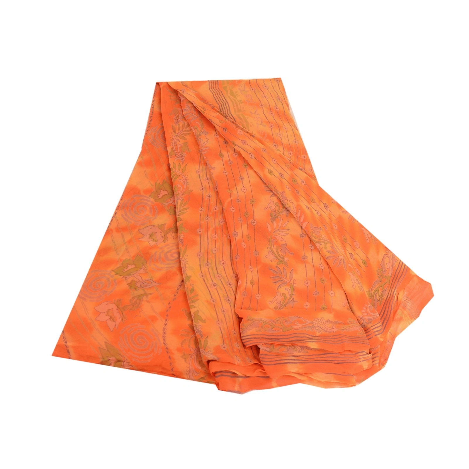 Sanskriti Vintage Leheria Sarees Pure Georgette Silk Printed Sari Craft Fabric, PRG-4650-Orange-Printed Floral Design-Pure Georgette Silk-2