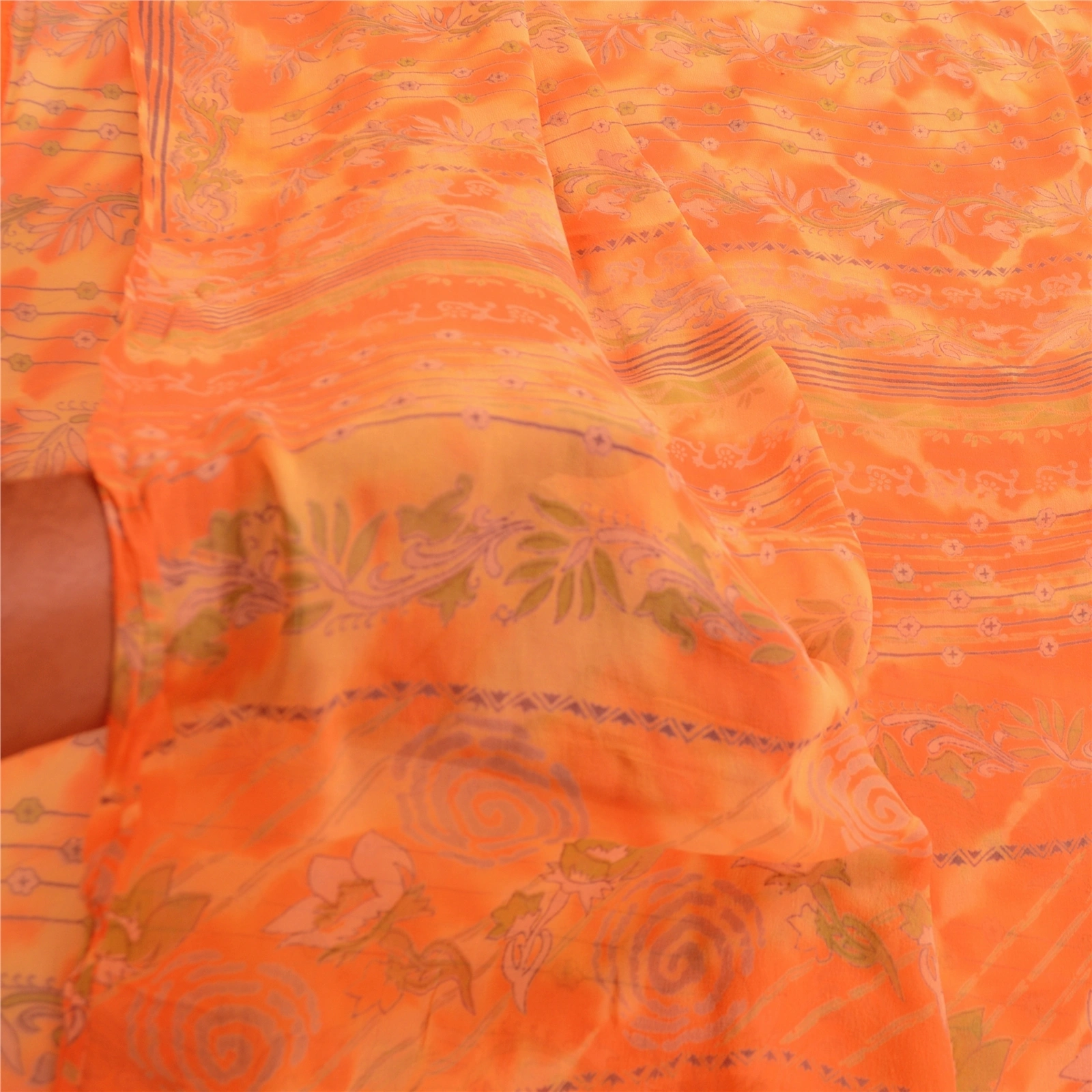 Sanskriti Vintage Leheria Sarees Pure Georgette Silk Printed Sari Craft Fabric, PRG-4650-Orange-Printed Floral Design-Pure Georgette Silk-4