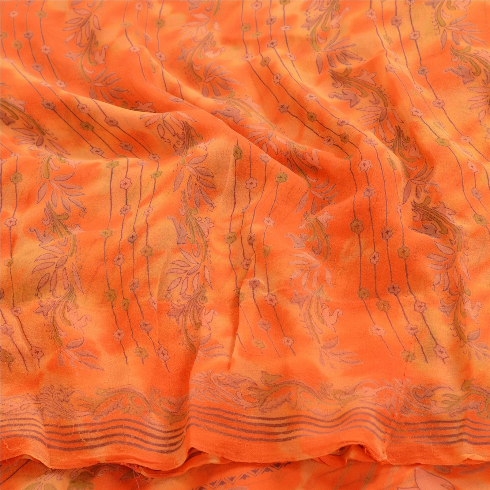 Sanskriti Vintage Leheria Sarees Pure Georgette Silk Printed Sari Craft Fabric, PRG-4650-Orange-Printed Floral Design-Pure Georgette Silk-6