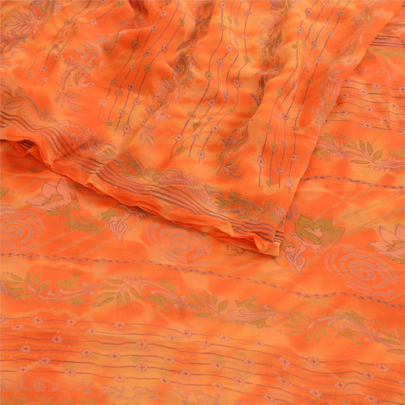 Sanskriti Vintage Leheria Sarees Pure Georgette Silk Printed Sari Craft Fabric, PRG-4650-Orange-Printed Floral Design-Pure Georgette Silk-7