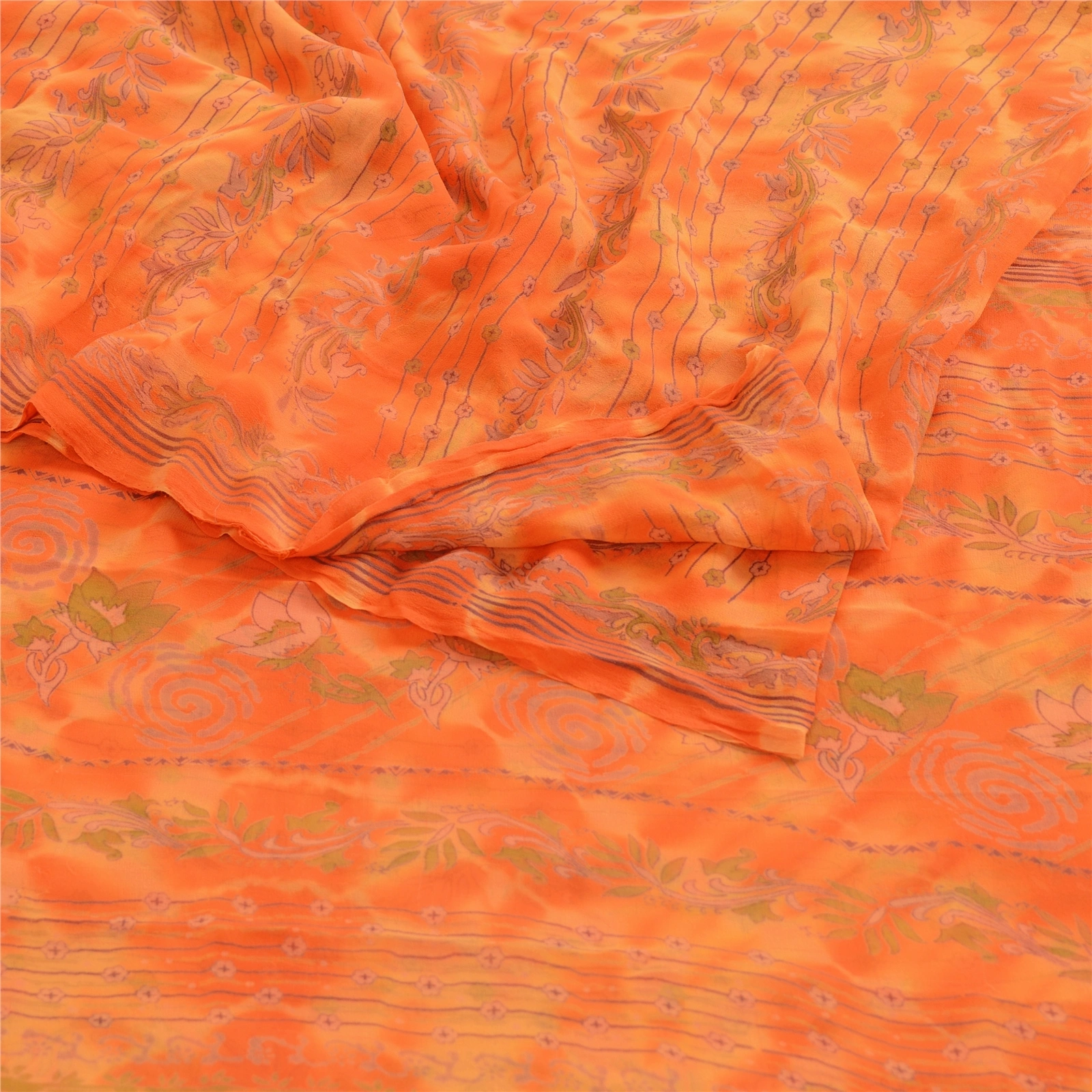 Sanskriti Vintage Leheria Sarees Pure Georgette Silk Printed Sari Craft Fabric, PRG-4650-Orange-Printed Floral Design-Pure Georgette Silk-9