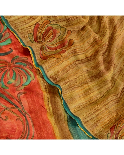 Sanskriti Vintage Sarees Saffron Pure Georgette Silk Printed Sari Craft Fabric, PRG-472-Saffron-Printed Floral Design-Pure Georgette Silk-1
