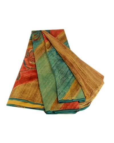 Sanskriti Vintage Sarees Saffron Pure Georgette Silk Printed Sari Craft Fabric, PRG-472-Saffron-Printed Floral Design-Pure Georgette Silk-2