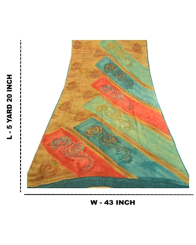 Sanskriti Vintage Sarees Saffron Pure Georgette Silk Printed Sari Craft Fabric, PRG-472-Saffron-Printed Floral Design-Pure Georgette Silk-3