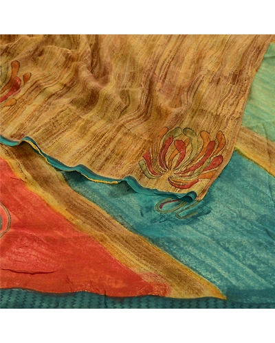 Sanskriti Vintage Sarees Saffron Pure Georgette Silk Printed Sari Craft Fabric, PRG-472-Saffron-Printed Floral Design-Pure Georgette Silk-7