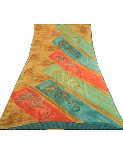 Sanskriti Vintage Sarees Saffron Pure Georgette Silk Printed Sari Craft Fabric, PRG-472-Saffron-Printed Floral Design-Pure Georgette Silk-8