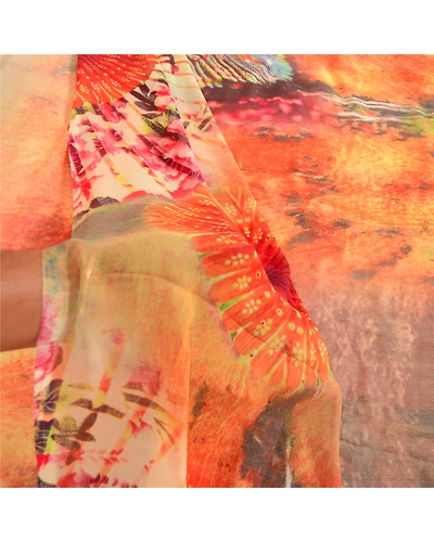 Sanskriti Vintage Sarees Orange Digital Printed Georgette Sari Soft Craft Fabric, PRG-4731-Orange-Digital Printed Floral Design-Poly Georgette-4